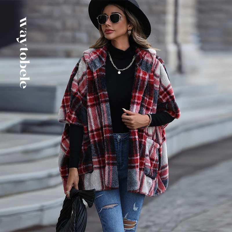 

Waytobele Women Coat Winter Casual Woolen Thermal Warm Plaid Loose Half Sleeve With Cap Cardigan Overcoat Tops High Streetwear
