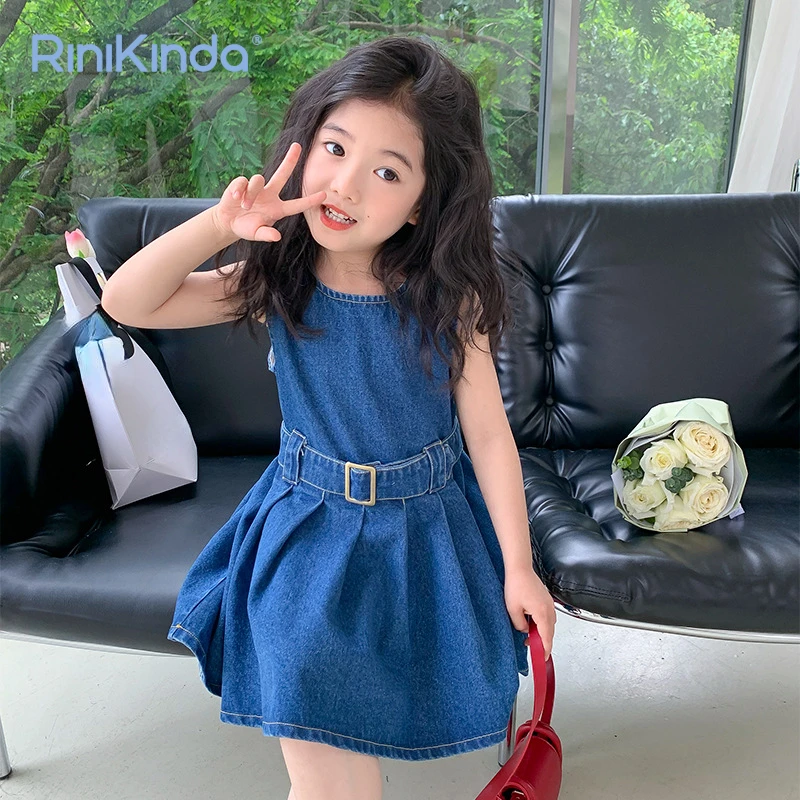 

2023 Girls Denim Dress Summer Party Princess Dress Solid Pleated Dress Children Clothing Baby Girl Kids Fashion Outfit