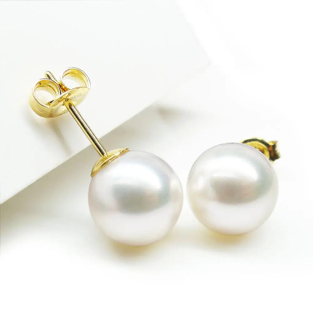 

TOP QUALITY! AAAAA 9.5 MM JAPANESE AKOYA PEARL 18 750 GOLD STUD EARRING!LOVELY