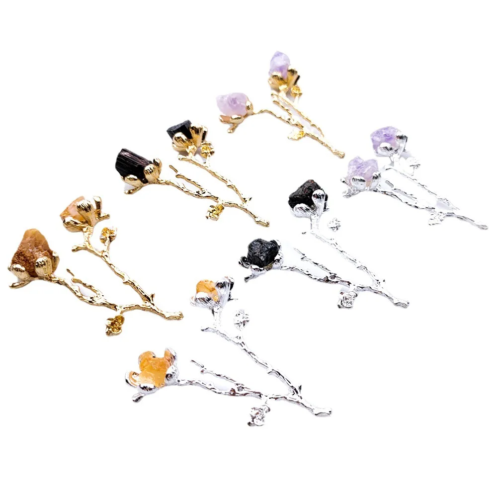 Natural Agate Geode Flower Branch Inlaid With Amethyst Yellow Crystal Tourmaline Small Raw Stone Ornament Soft Decoration Crafts