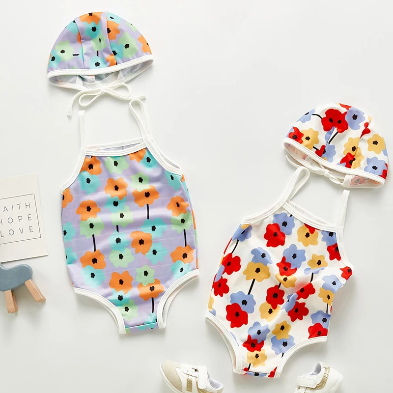 One Piece Swimwear+Hat Baby Girl Floral Printing Swimsuit Swimwear Swimming Suit Children Little Girls Summer Holiday Beach Wear