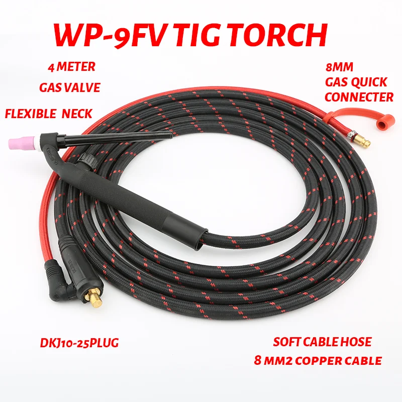 4M/13ft  WP9FV 100A TIG Welding Torch FLEXIBLE Gas-Electric Integrated Soft copper Wire 8 mm² GAS Quick Euro Connector DK10-25