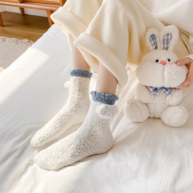 

Kawaii Sanrio Kuromi Cute My Melody Cinnamoroll Hello Kitty Couple Coral Socks Floor Socks Warm Socks Toys for Girls