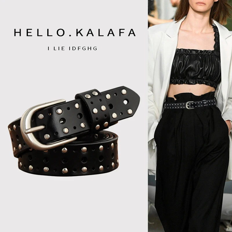 Ремень с заклепками из воловьей кожи