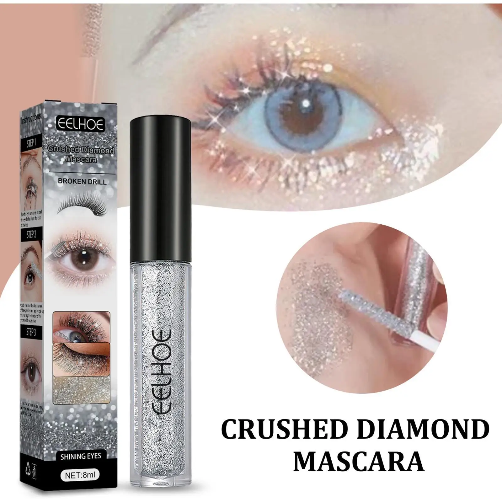 Diamond Glitter Mascara Quick Dry Water Drop Makeup Long Lasting Waterproof Curling Thick Shiny Eyelash Mascara Shimmer Makeup