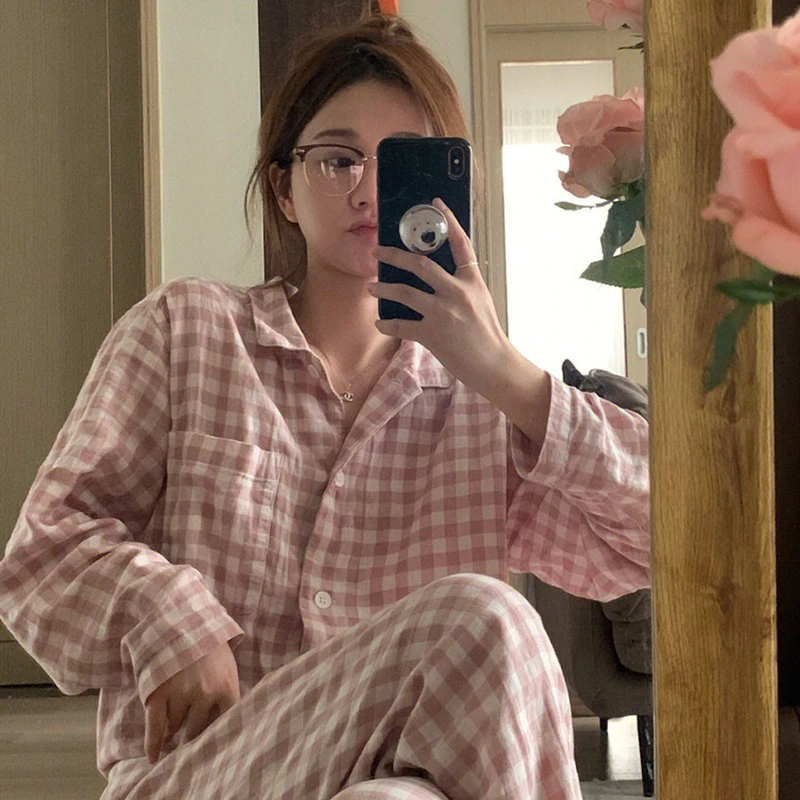 CAIYIER 2023 Green Plaid Women Pajamas Set Winter Vintage Girls Sleepwear Long Sleeve Leisure Nightwear Popular Home Clothing