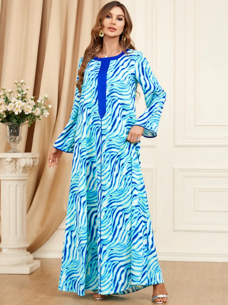Ramadan Jalabiya Modest Muslim Moroccan Kaftan Dubai Turkey Wave Print Casual Maxi Long Dress For Women Eid-al-Adha 2023 New