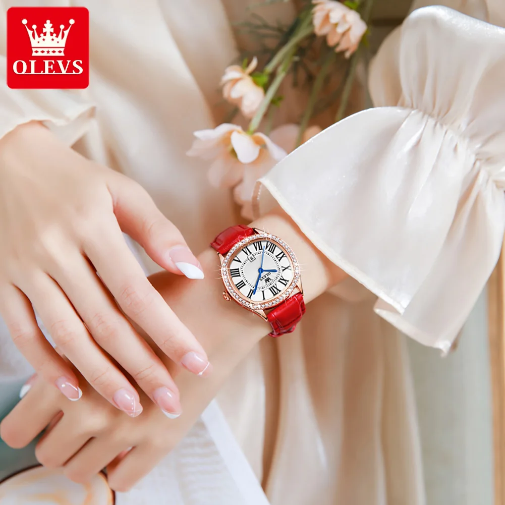 2023 New OLEVS Square Quartz Watches Women's Luxury Red Leather Wrsitwatches Fashion Rhinestones Classic Clock Montre Femme