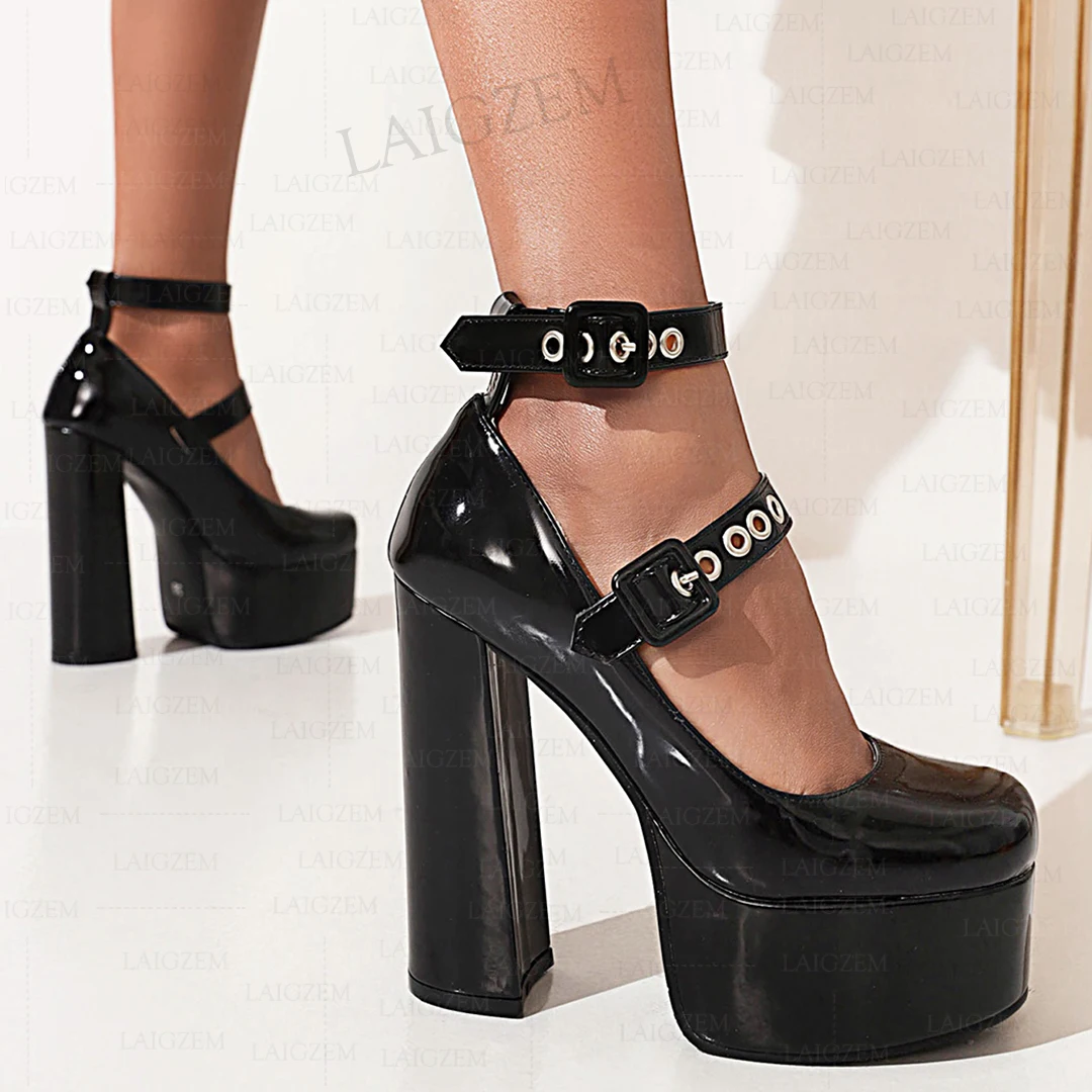 

LAIGZEM Women Pumps Buckle Straps Platform 13.5CM Block Thick High Heels Party Sandals Ladies Shoes Woman Plus Size 36 39 42 43