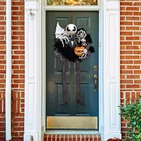 New Halloween Fright Pumpkin Wreath Front Door Hanger Skeleton Garland Party Wall Hanging Decor 2022 Haunted House Layout Props