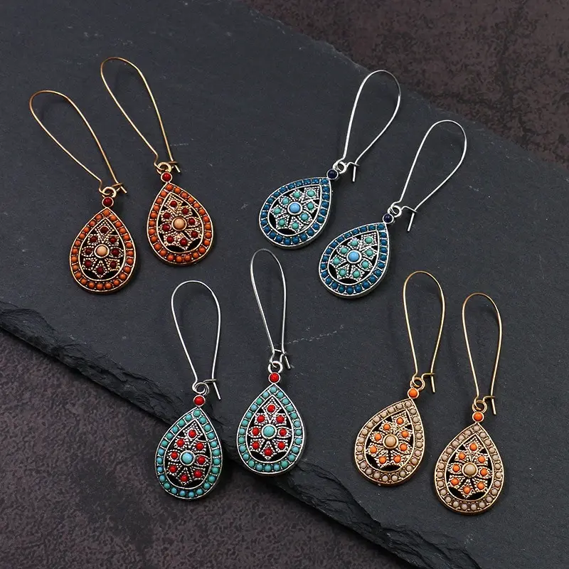 

Female Luxury Fashion Wedding Party Charm Jewelry Vintage Bohemian Resin Beads Heart Pendant Drop Earrings For Women