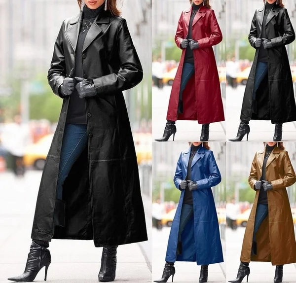 Winter Women's Fashion Cyberpunk Leather Long Jacket Casual Loose Button Solid Color Coats Lapel Biker Jacket Plus Size