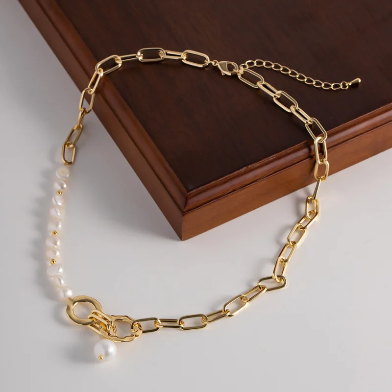 

ALLNEWME Chic Asymmetric Real Freshwater Pearl Chokers Necklaces for Women 14K Gold Plated Brass Hollow Linked Chain Necklace