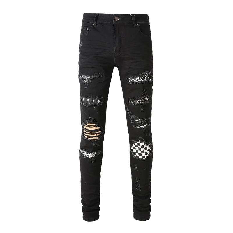 Street Fashion Men Jeans Black Elastic Slim Fit Ripped Jeans Men Hole Trousers Patch Designer Brand Hip Hop Stretch Denim Pants