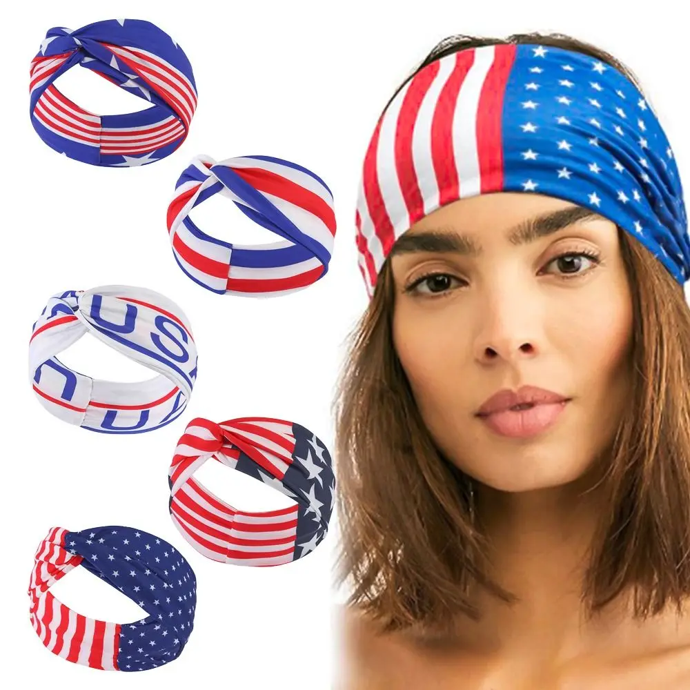 

Yoga Anti Sweating USA Star Stripes Cotton Turban Headbands Creative Headwrap Sports Bandana Independence Day Hairband