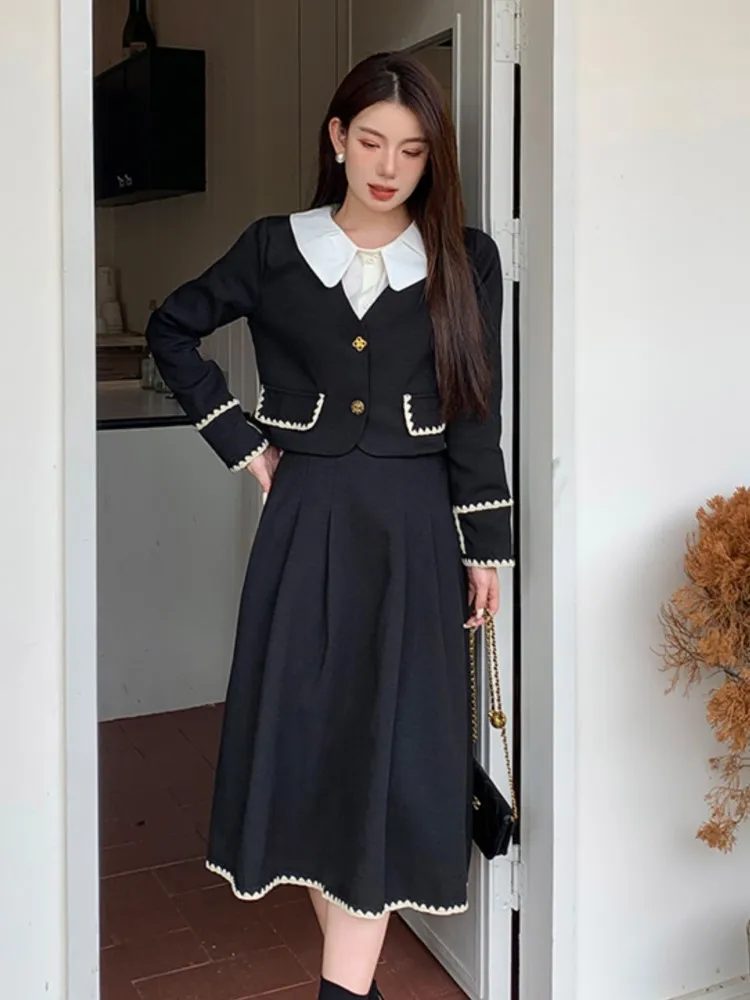 Женский винтажный костюм из 2 предметов элегантный черный пиджак и