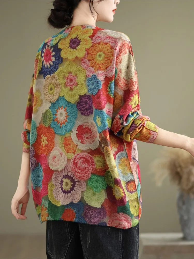 Осенний пуловер большого размера с цветочным принтом женский свитер длинным