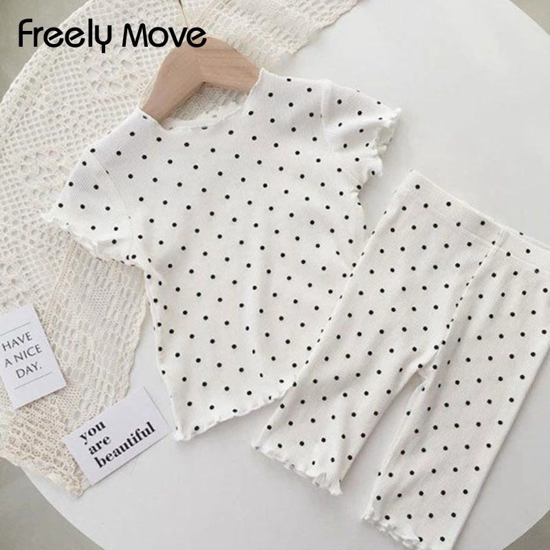 Freely Move Baby Girls Pajamas Set Summer Cotton Print Dot Short Sleeve T shirt Two Piece Set Home Wear Infant Toddler Unisex