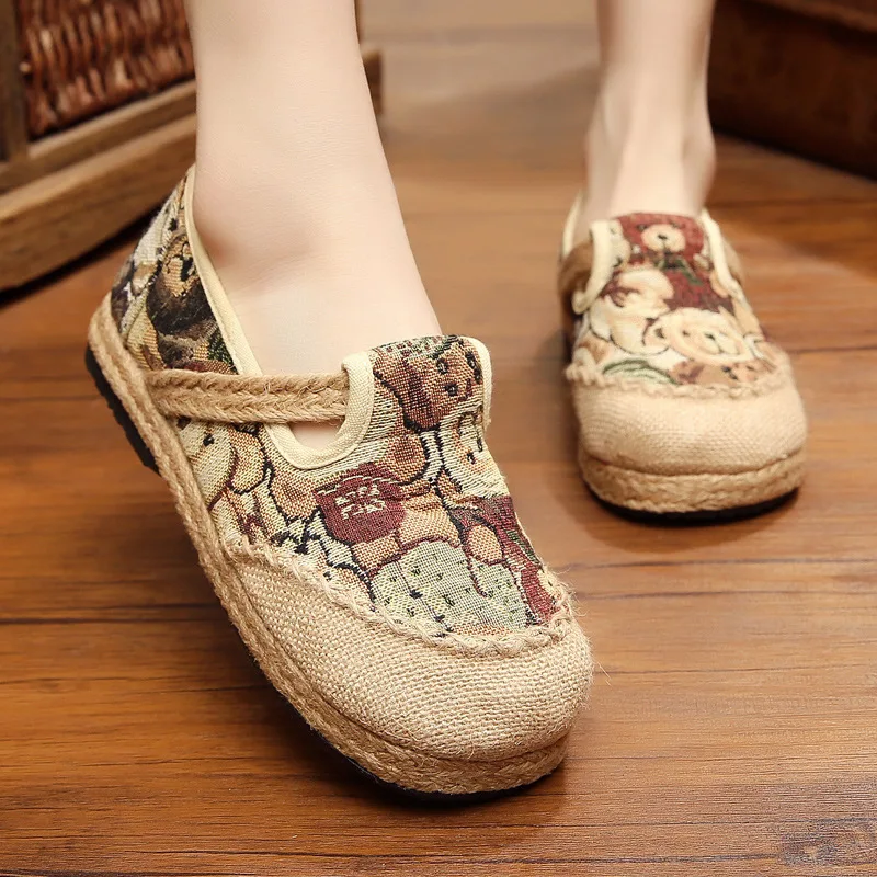

Women Canvas Shoes National Style Embroider Cartoon Flat Hemp Shallow Loafers Round Toe Casual Female Fashion Summer Platform
