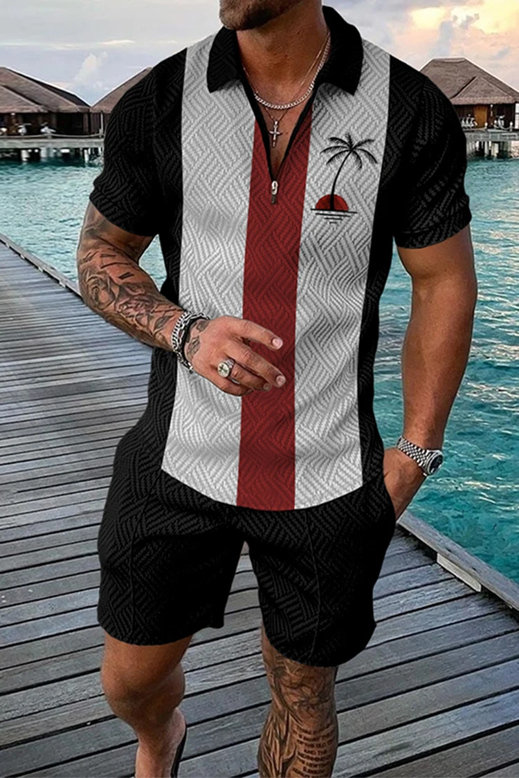 Summer Men Sports Suit Fashion Short-sleeved Polo Shirt Suit Lapel Zipper Clothing 2-piece Casual Suit Street Wear Oversized