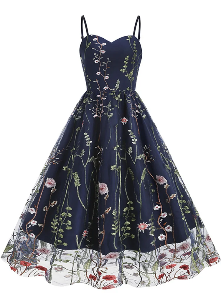 

Винтажное платье в стиле Харадзюку на бретелях-спагетти с цветочной вышивкой Сетчатое облегающее и расклешенное платье женское элегантное вечернее платье миди на день рождения