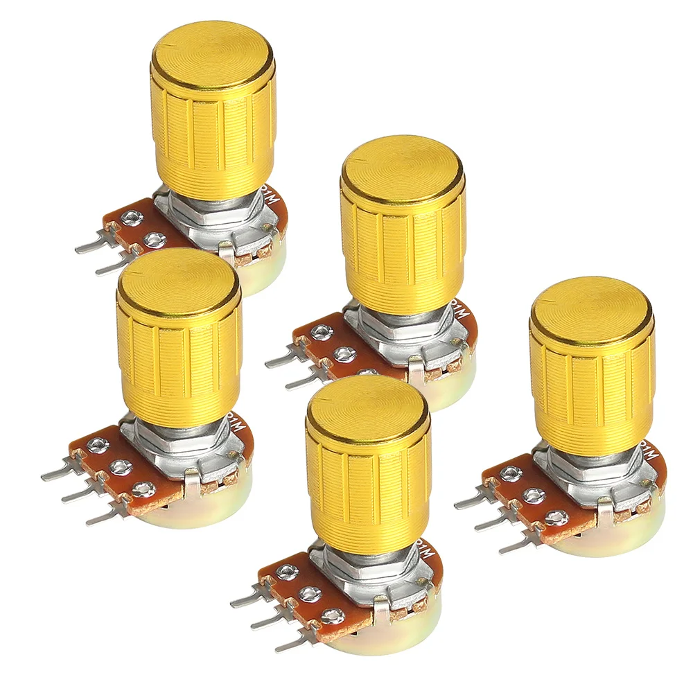 

5Set WH148 Linear Potentiometer 15mm 3pin 1K 2K 5K 10K 20K 50K 100K 250K 1M With Gold Aluminum alloy knob cap Potentiometer Kit