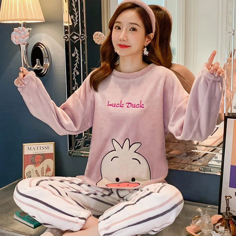 New Autumn Winter Warm Flannel Women Pajamas Set Cute Coral Velvet Long Sleeve Cartoon Sleepwear Set Leisure Home Wear Clothes