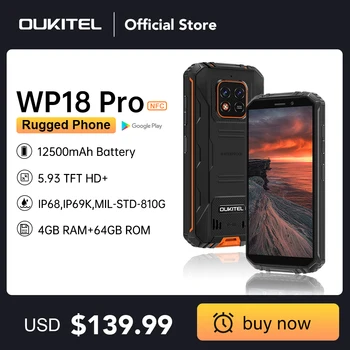 OUKITEL WP18 Pro Android 12 Cellphones MTK6762 4GB+64GB IP68 Rugged Phone 13MP Camera 5.93 1