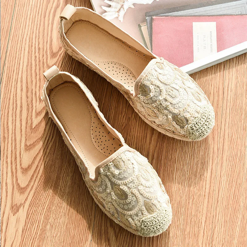 

GIOIO 2022 Summer New Sequined Straw Fisherman Shoes Ladies Single Shoes Shallow Mouth Flat Hemp Rope Soft Bottom Loafers Gg Cc