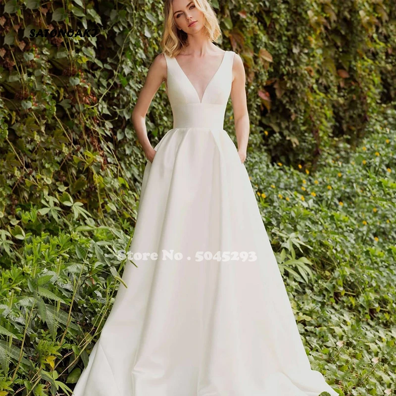 

Ivory Simple A-line Satin Modern Wedding Dress With Pocket V-Neck Lace Edge Bridal Gown Sexy Beach Vestidos De Novia Robe Mariée