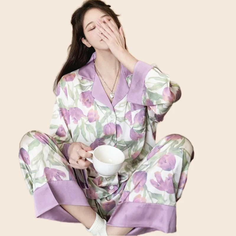 Purple kawaii Pajamas For Women Rayon Pajama Pants Sexy Tulip Flower Nighty Clothes T-Shirt Long Pants  Homewear Cozy Big Size