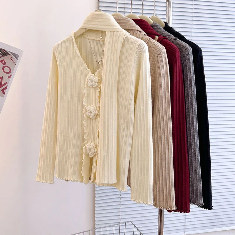 Мягкие клейкие пуловеры с v-образным вырезом женские топы объемными цветами и