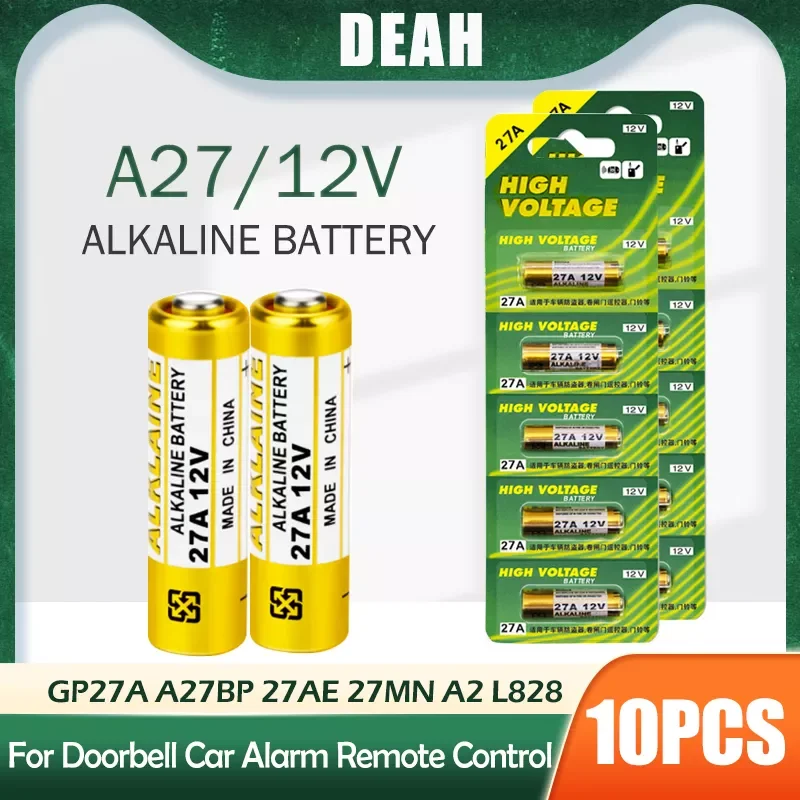 

10PCS Alkaline Battery 12V A27 27A G27A MN27 MS27 GP27A L828 V27GA ALK27A A27BP K27A VR27 R27A For Alarm Remote Control Dry Cell
