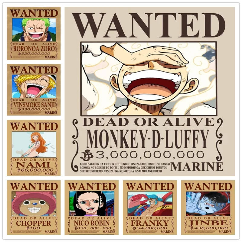 

Japanese Anime One Piece Luffy 3 Billion Bounty Wanted Posters Four Emperors Kid Action Figures Vintage Wall Decoration Poster