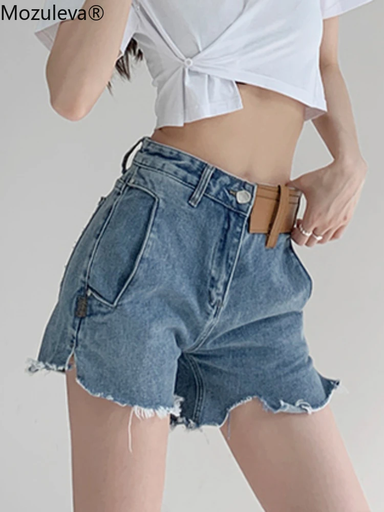 

Mozuleva Chic Loose Ripped Women Jeans Shorts Casual High Waist Pockets Irregular Ladies Denim Shorts 2022 Spring Summer