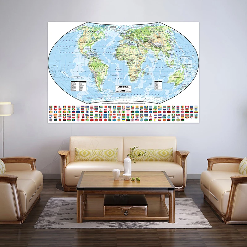 

The World Political Map with National Flags Non-woven Foldable Canvas Painting 225*150cm Art Poster Wall Sticker Card Home Decor