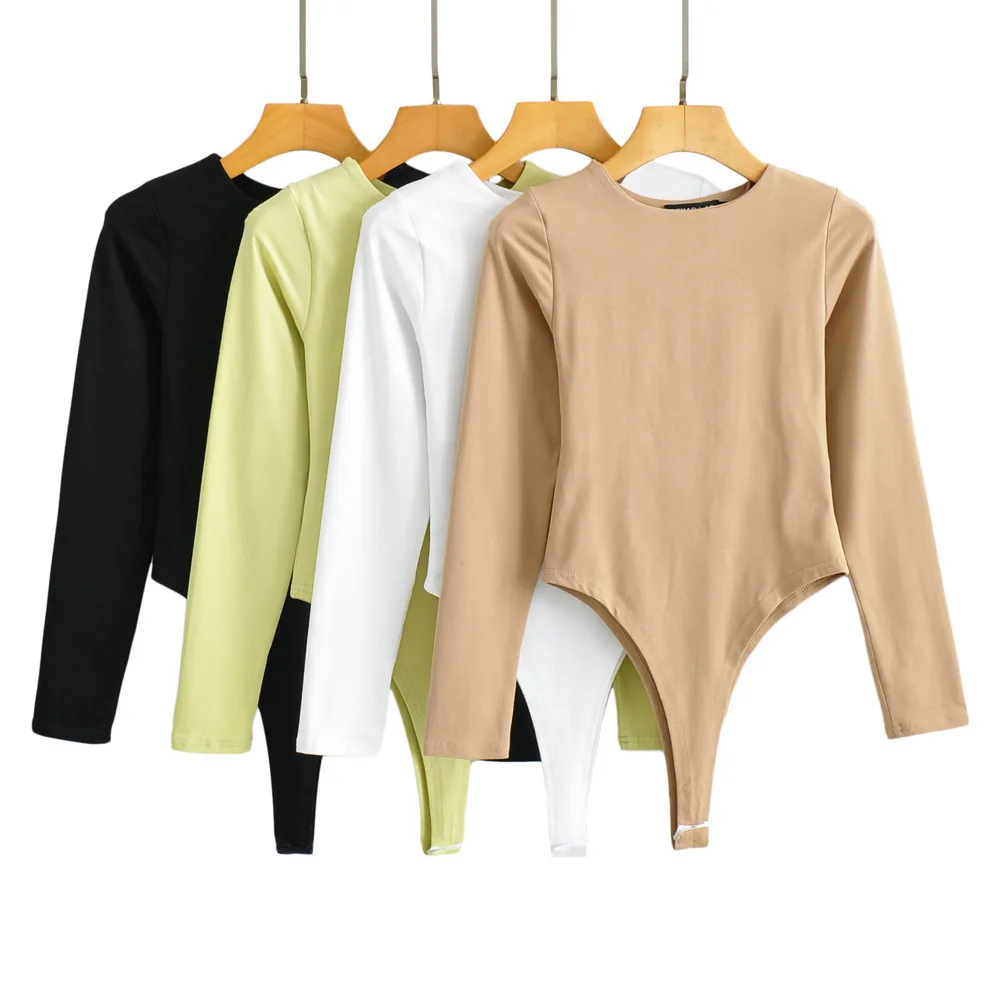 

New Women Solid O Neck Long Sleeve Black White Khaki Green Skinny Top Bodysuit