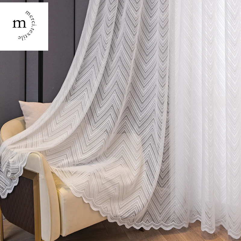 Nordic Curtains for Living Room Bedroom Dining Lace Semi-shading Modern Simple Wave Fishbone Pattern White Tulle Windows Curtain