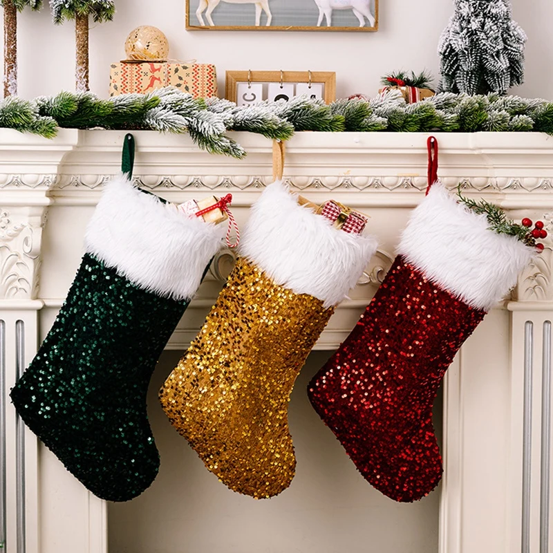 

Christmas Sequin Plush Christmas Socks Kids Gift Bag Ornament Merry Christmas Decor for Home Xmas Ornaments Hanging Pendants