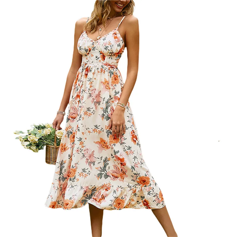 

Women Floral Prints Long Maxi Dress with Waistband Summer 2022 Sleeveless V Neck High Waist Casual Party A-Lined Dress Vacation