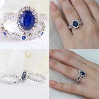 milangirl 2 pcsset blue oval egg shaped crystal inlaid rhinestone zircon female ring set for women wedding engagement jewelry