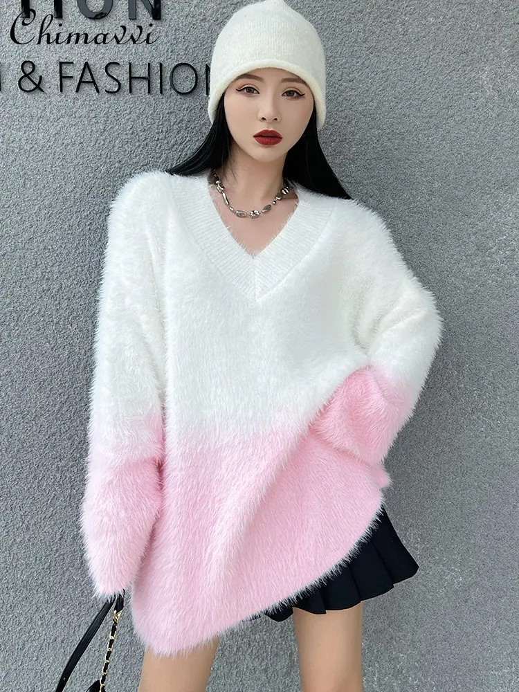 

Contrast Color Mink Fur V-neck Soft Pullover Sweater Women's 2022 Autumn Winter New Fashion Loose Idle Mid-Length Knitted Top