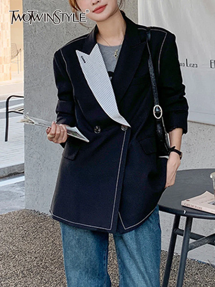 

Женский Асимметричный Блейзер TWOTWINSTYLE, белый Повседневный Блейзер составного кроя с английским воротником и длинными рукавами, на пуговицах,