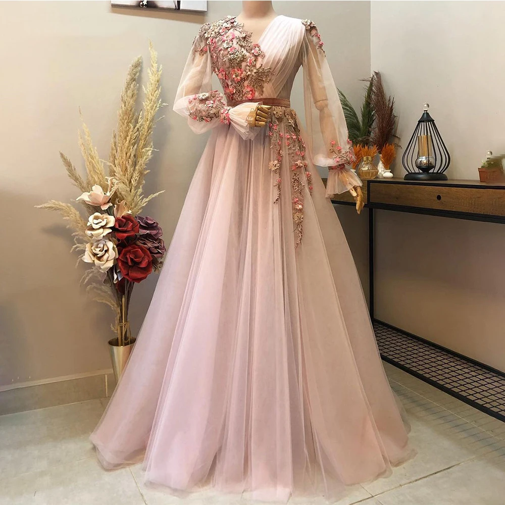 

Pastrol High Neck Evening Dresses For Women Lace Applique With Flowers Prom Dresses Tulle A-Line Floor Length Robes De Soirée