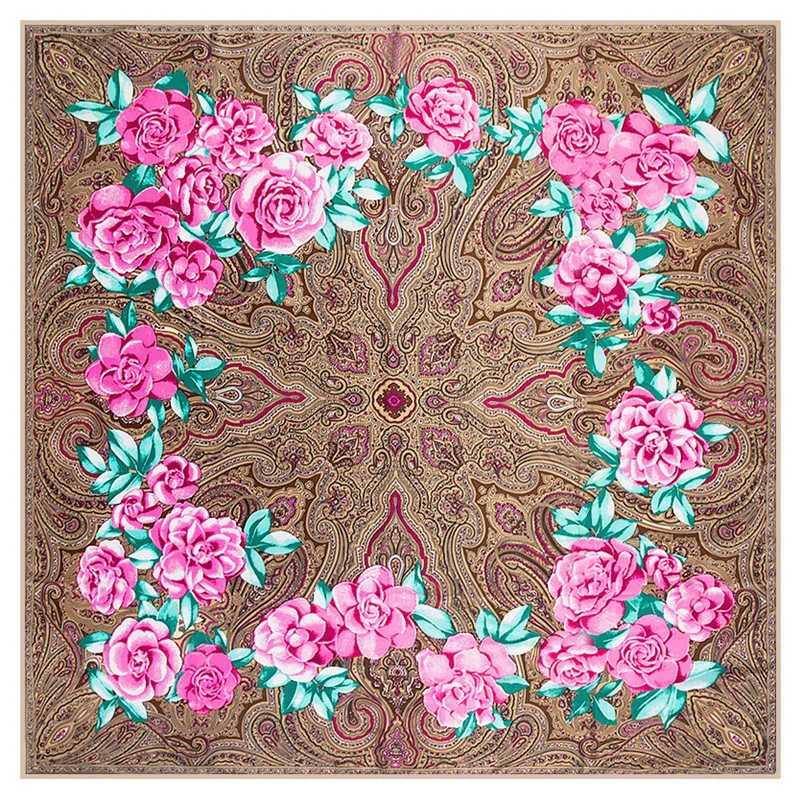 

130CM 100% Silk Scarf Women Retro Cashew Flower Print Bandana Luxury Neckerchief Female Hijab Square Scarves Wraps Silk Foulard