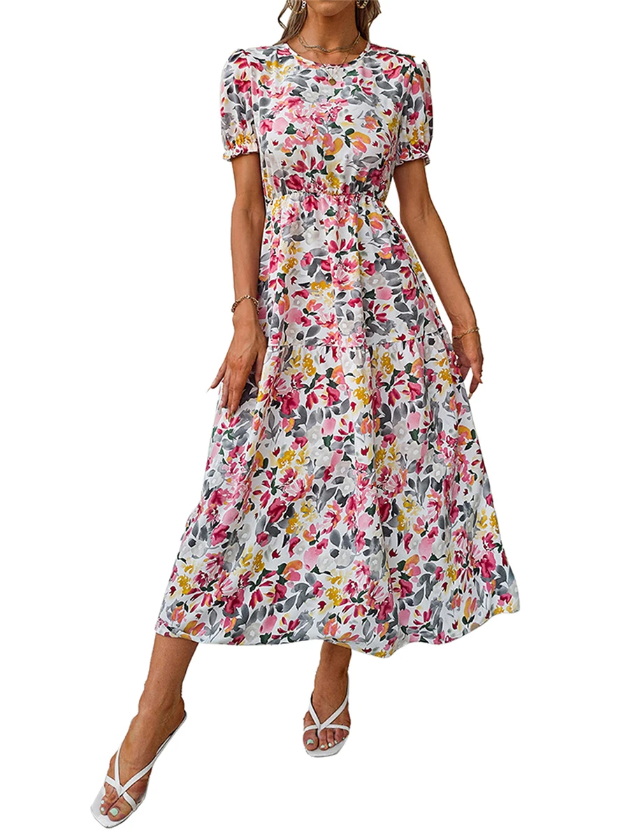 

Women s Summer Casual Floral Dress Round Neck Short Puff Sleeve Layered A-Line Loose Dress