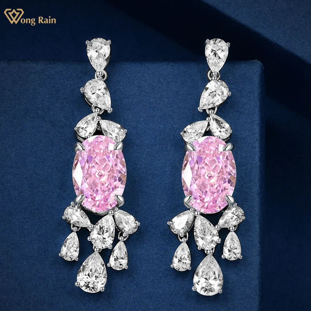 Wong Rain 925 Sterling Silver 4CT Oval Citrine Pink Sapphire Gemstone High Carbon Diamond Women Dangle Earrings Fine Jewelry