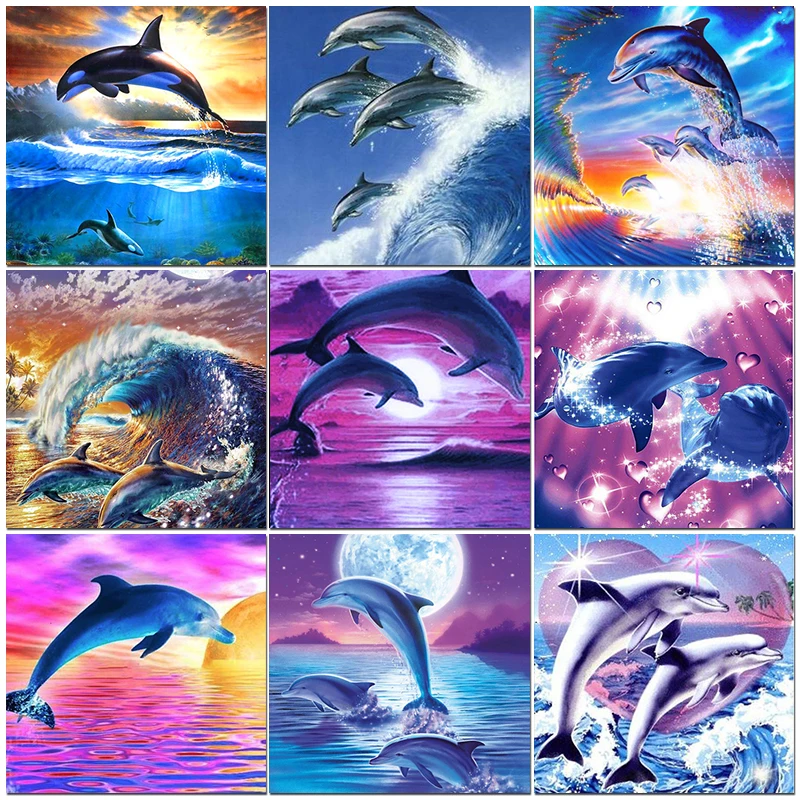 

CHENISTORY 5d Diy Dolphins Diamond Painting Sea Animal Cross Stitch Embroidery Set Full Rhinestone Mosaic Home Decoration Kit