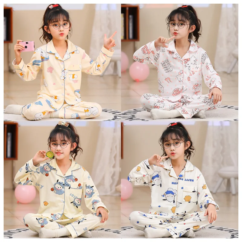 

Sanrioed Cartoon Pochacco Cinnamoroll Hellokittys Cute Children's Long Sleeved Pants Pajama Set Kawaii Cardigan Home Clothing