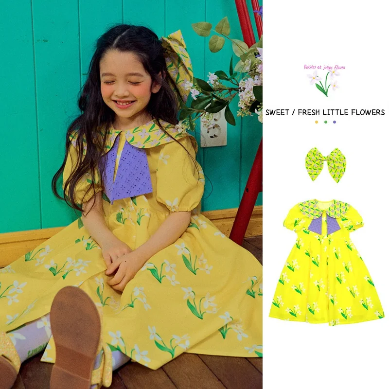 

Korean Child Girls Yellow Dress 2023 Summer New Kids Baby Girl Flower One-Pieces Skirts Children's Clothings From 2 To 8 Years